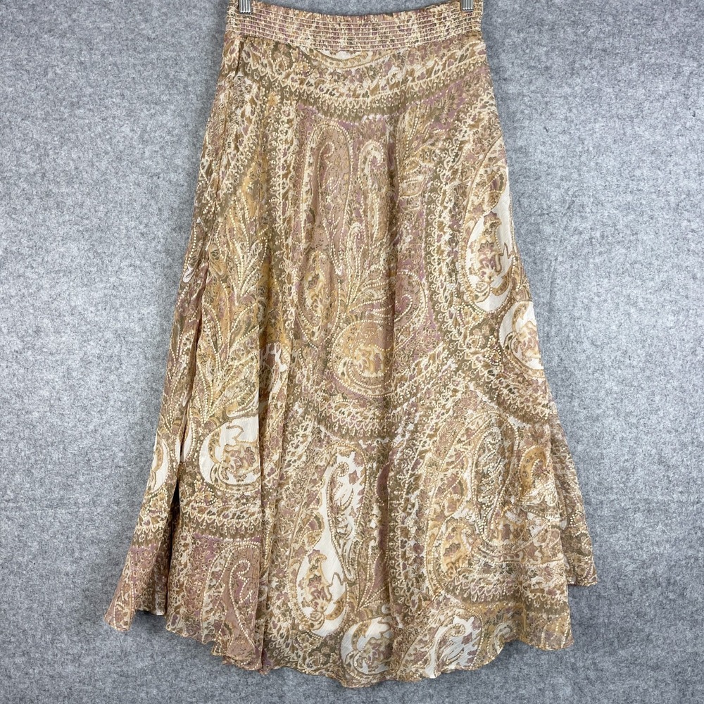 Chicos Maxi Skirt Womens 0 Small Beige Paisley Chiffon Pull On Boho Gypsy